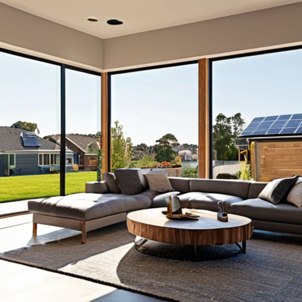 **Prompt:** A sleek, modern smart home in a suburban setting, bathed in warm, inviting light. The house features visible rooftop solar panels and large, energy-efficient windows. Inside, advanced automation is subtly implied with soft, personalized lighting and a comfortable atmosphere, suggesting optimal climate control. The scene exudes a sense of security and sustainability, depicting the benefits of integrated intelligent systems and renewable energy for a contemporary European family. Highly detailed, realistic, cozy yet futuristic.