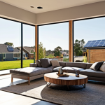 **Prompt:** A sleek, modern smart home in a suburban setting, bathed in warm, inviting light. The house features visible rooftop solar panels and large, energy-efficient windows. Inside, advanced automation is subtly implied with soft, personalized lighting and a comfortable atmosphere, suggesting optimal climate control. The scene exudes a sense of security and sustainability, depicting the benefits of integrated intelligent systems and renewable energy for a contemporary European family. Highly detailed, realistic, cozy yet futuristic.