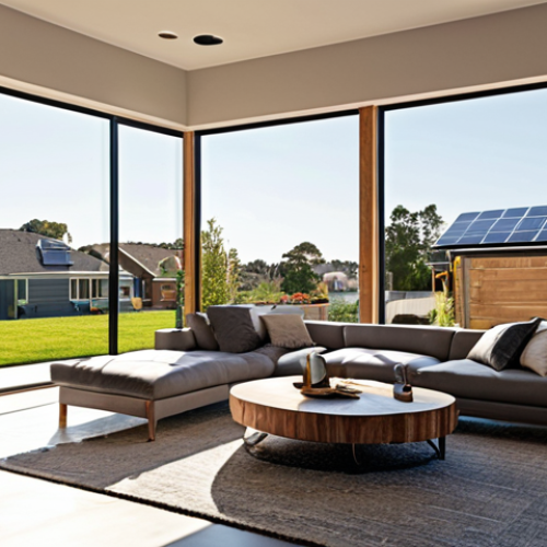 Home 4 **Prompt:** A sleek, modern smart home in a suburban setting, bathed in warm, inviting light. The house features visible rooftop solar panels and large, energy-efficient windows. Inside, advanced automation is subtly implied with soft, personalized lighting and a comfortable atmosphere, suggesting optimal climate control. The scene exudes a sense of security and sustainability, depicting the benefits of integrated intelligent systems and renewable energy for a contemporary European family. Highly detailed, realistic, cozy yet futuristic.
